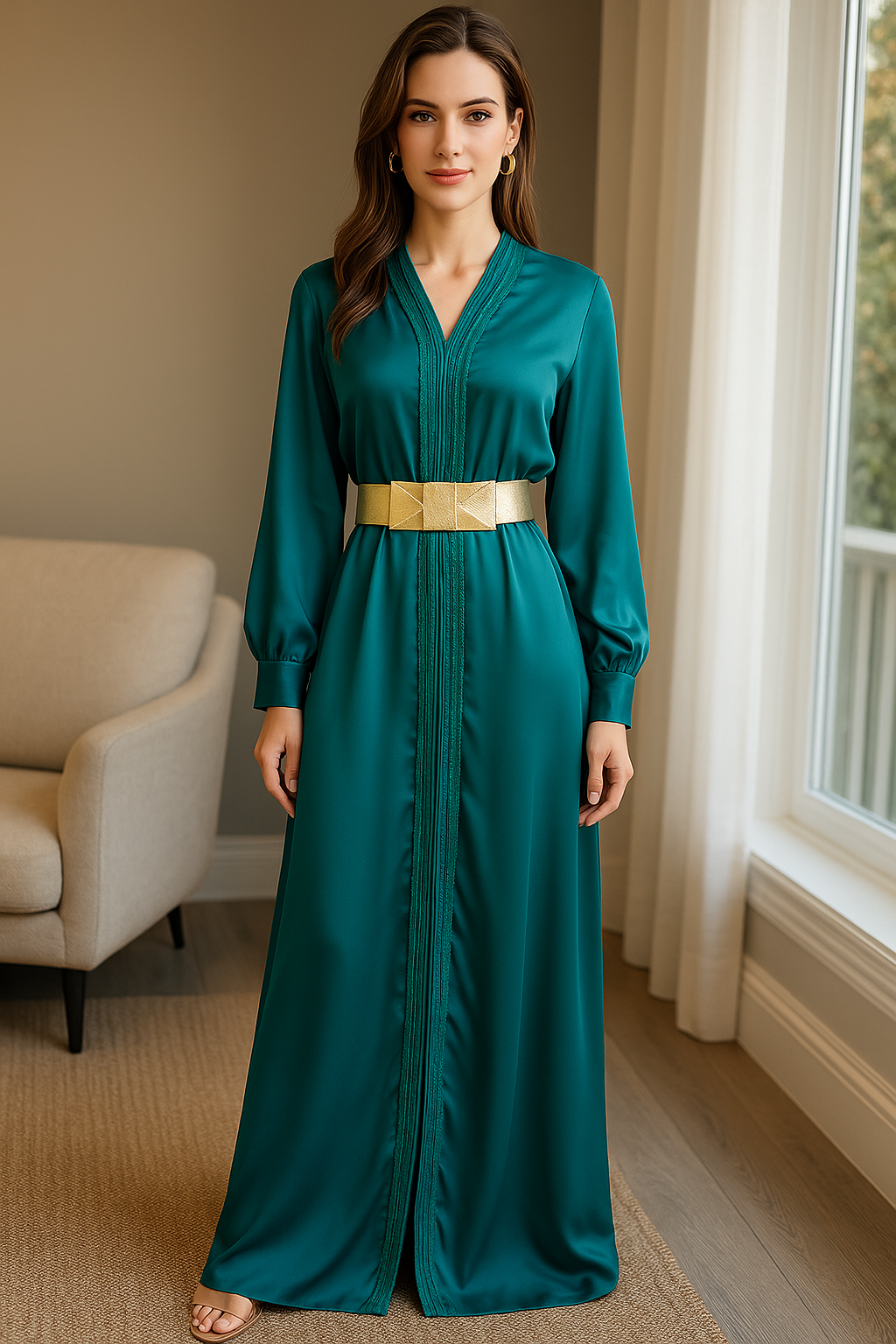 Turquoise Satin Moroccan Caftan – Effortless Elegance