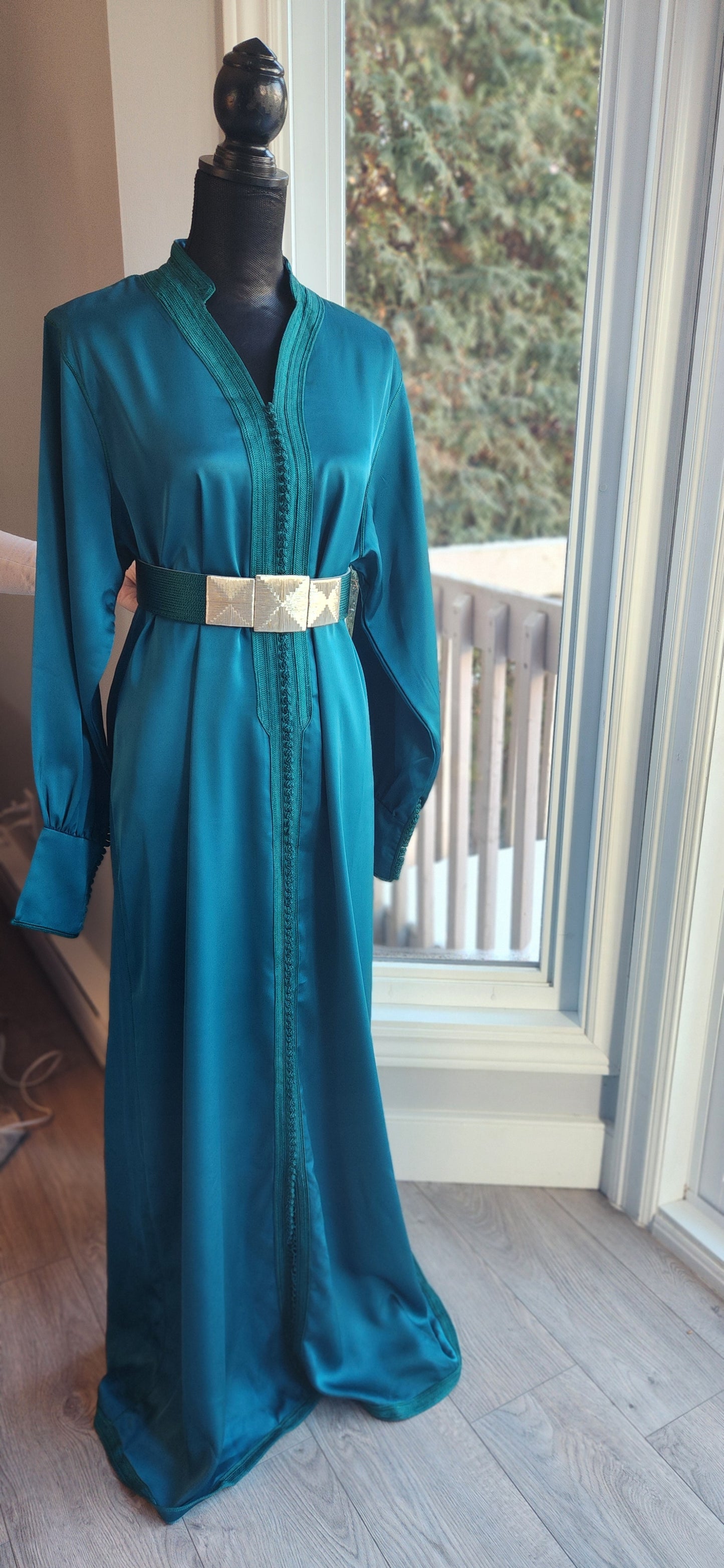 Turquoise Satin Moroccan Caftan – Effortless Elegance
