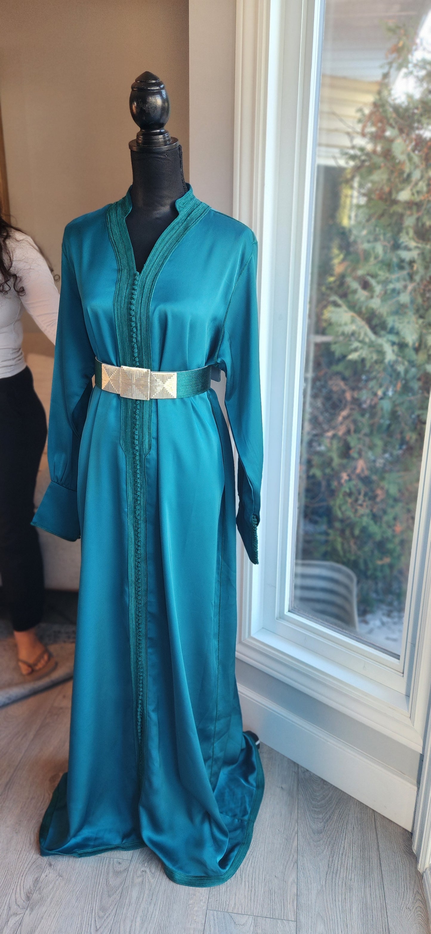 Turquoise Satin Moroccan Caftan – Effortless Elegance